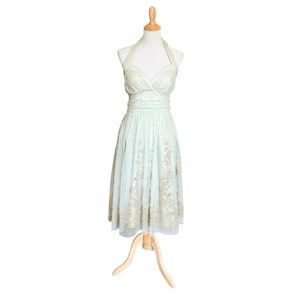 Vintage Y2K 90s Betsy and Adam Fairycore Midi Prom Dress Mint Green Gold Beaded